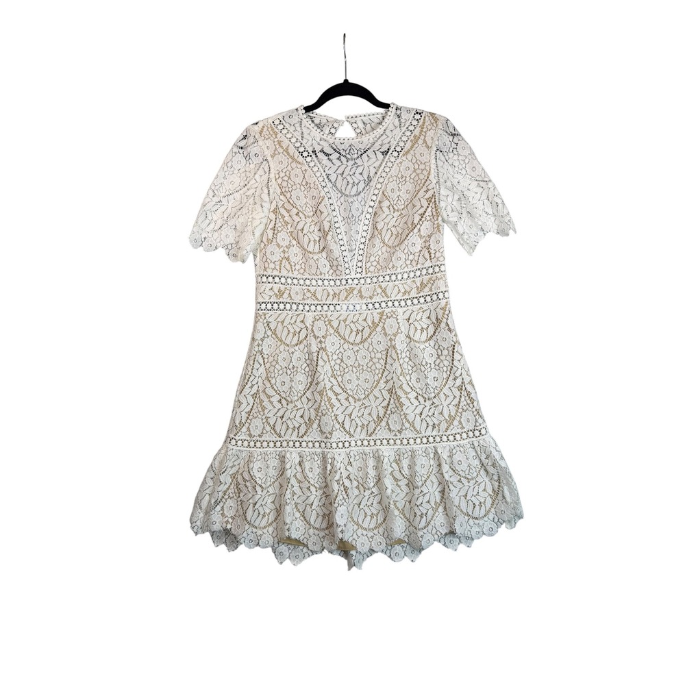 Saylor White Floral Lace Mini Dress Nude Lining Ruffle Hem Short Sleeve Large
